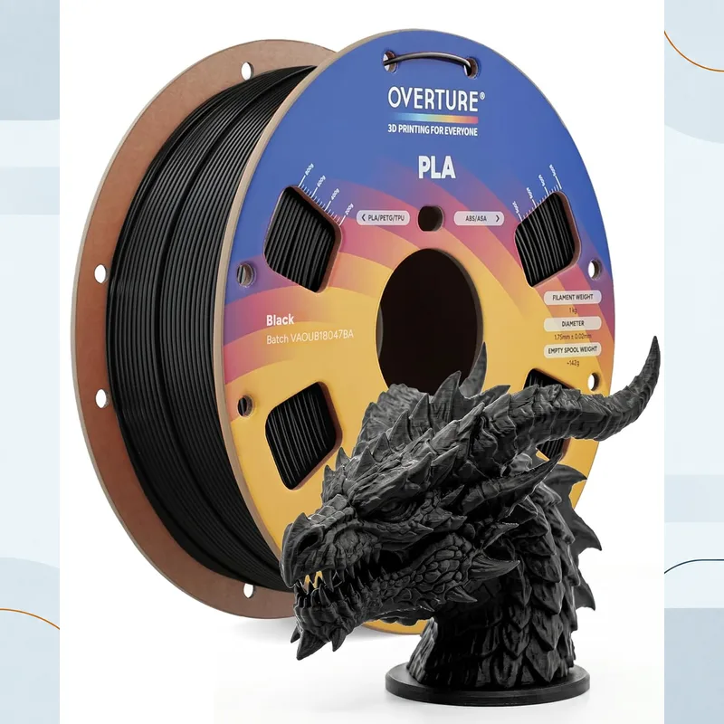 OVERTURE High Speed PLA black filament on a cardboard spool with a printed model