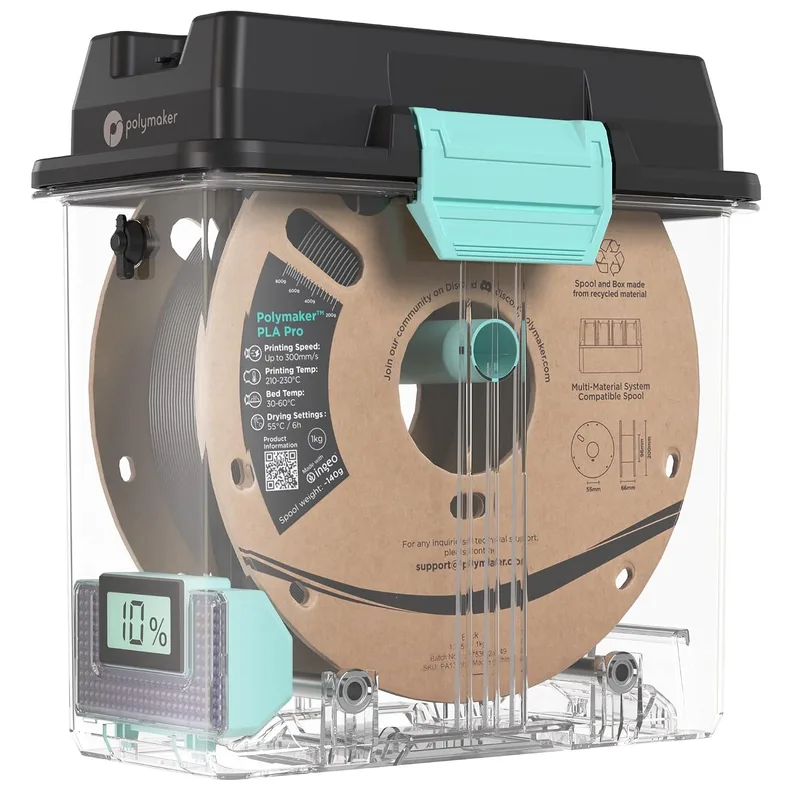 Polymaker PolyDryer storage box with a cardboard filament spool
