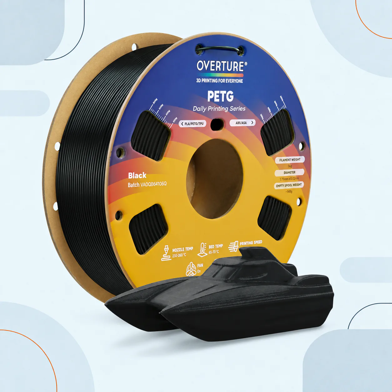 OVERTURE PETG filament spool, 1.75 mm, 1 kg, black
